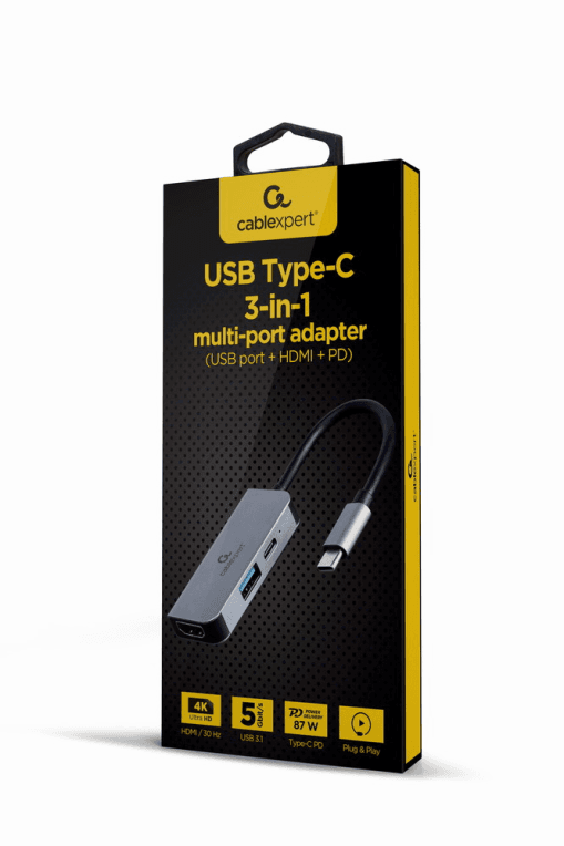 Adaptador Gembird Multipuerto USB Tipo-C 3 en 1 con HDMI, PD y USB Plata — imagen 1