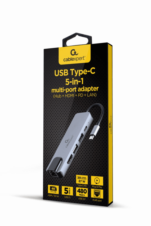 Adaptador Gembird Multipuerto USB Tipo-C 5 en 1 Hub con HDMI, PD y LAN — imagen 1