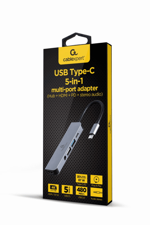 ADAPTADOR MULTIPUERTO GEMBIRD USB TIPO C 5 EN 1 HUB HDMI PD AUDIO ESTERO