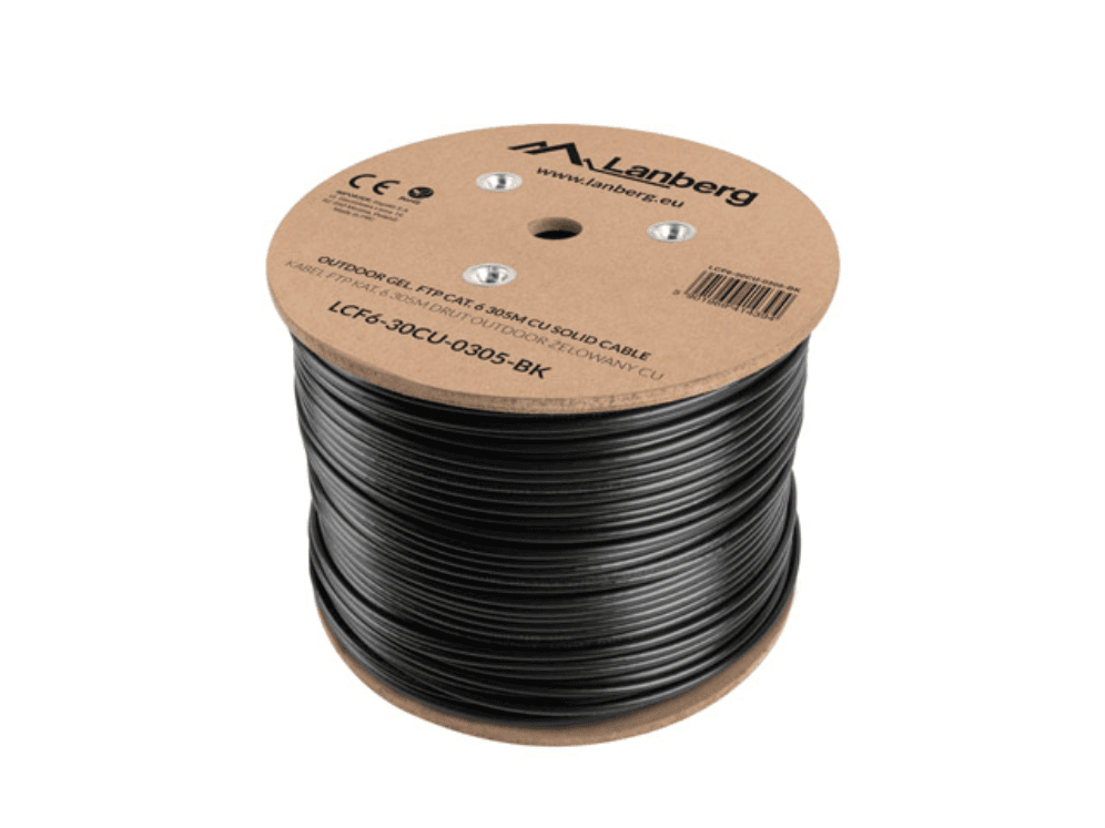 BOBINA CAT.6 LANBERG OUTDOOR FTP RJ45 COBRE GEL-FILLED FLUKE AWG24 305M NEGRO — imagen 1
