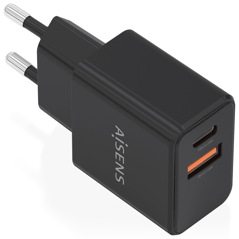 CARGADOR AISENS GaN 20W 1xUSB-C PD3.0 1xUSB-A QC3.0 NEGRO 1 — imagen 1