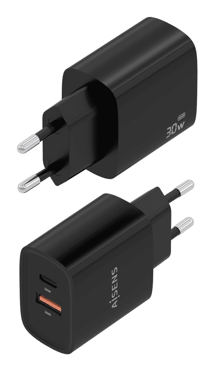 Cargador Aisens Gan 30W, 1xUSB-C PD3.0 QC4.0, 1xUSB-A QC3.0, Negro 2 — imagen 1