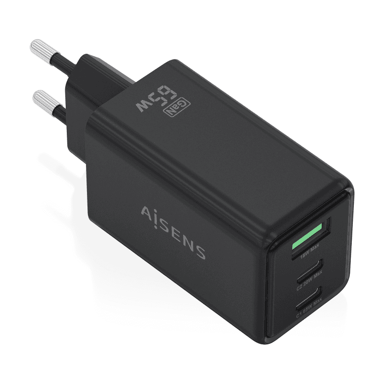 Cargador Aisens Gan 65W 2xUsb-C Pd3.0 Qc4.0 1xUsb-A Qc3.0 Negro 1 — imagen 1