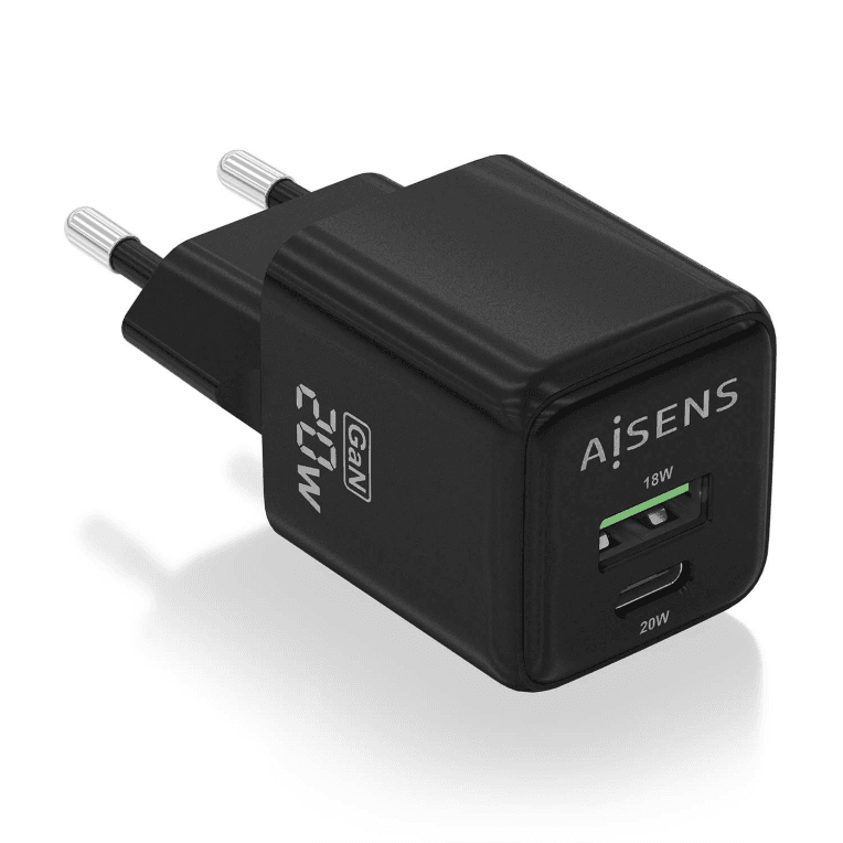 Cargador GAN Aisens 20W 1xUSB-C PD3.0 QC4.0 1xUSB-A QC3.0 Negro — imagen 1