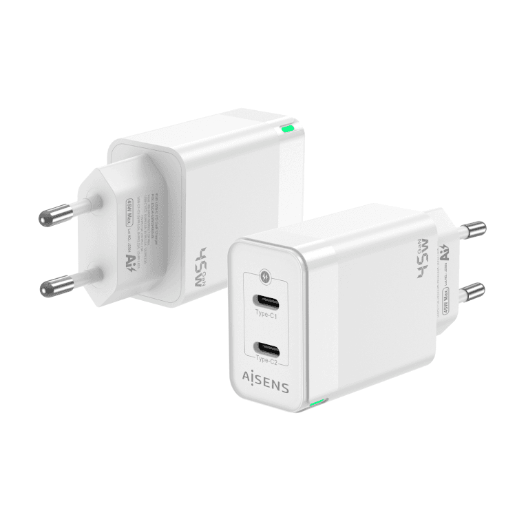 Cargador Gan Aisens ASCH-45W2P005-W 45W 2xUSB-C PD3.0 QC4.0 Blanco