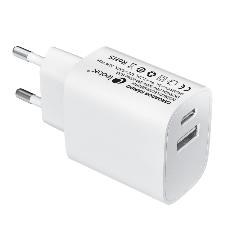 Cargador Leotec 20W Carga Rápida 1 USB Tipo-C PD 1 USB-A Blanco — imagen 1