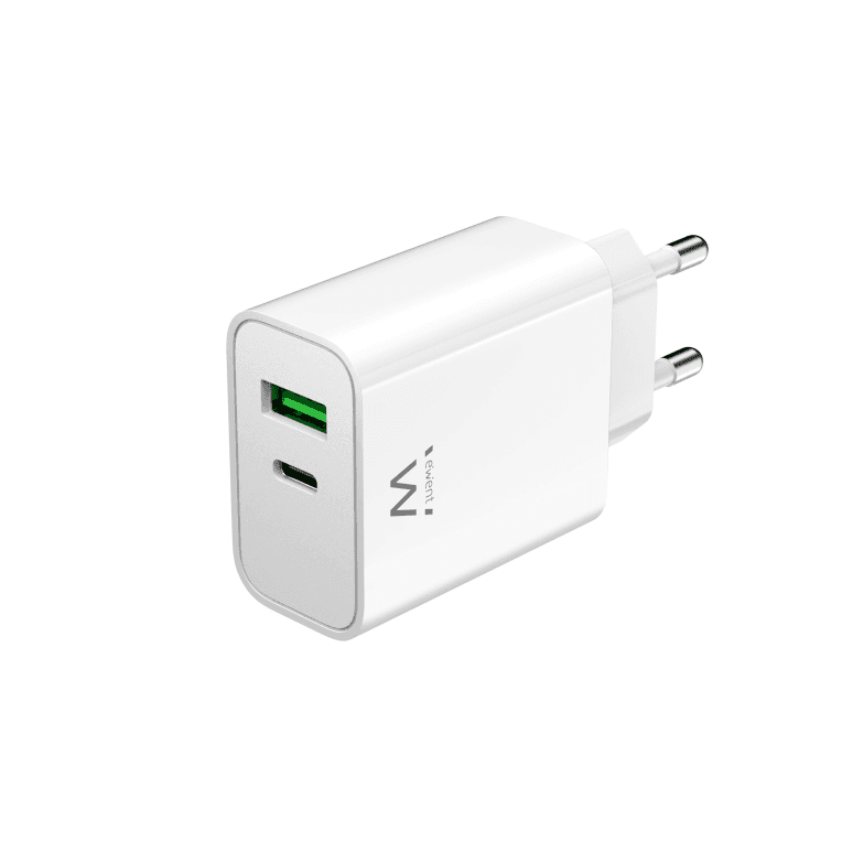 Cargador Móvil Ewent EW1325 Carga Rápida Puertos USB-C y USB-A 30W Blanco