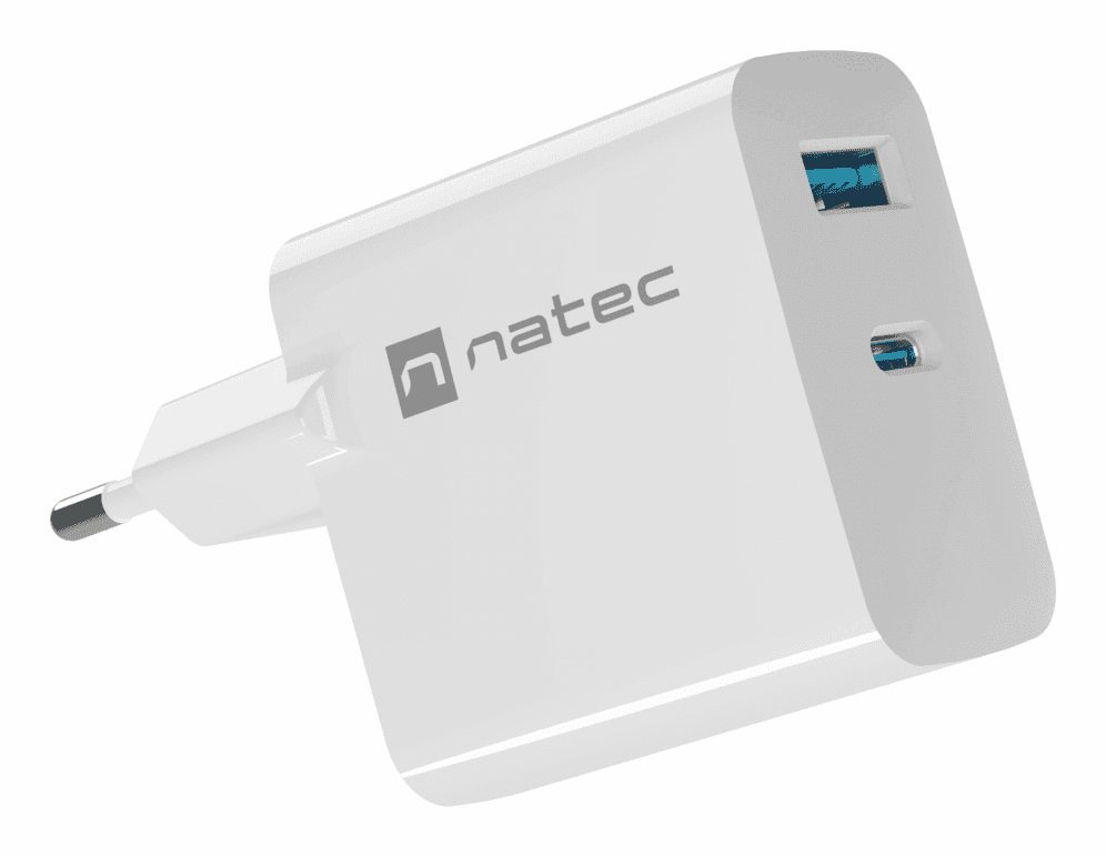 Cargador Natec Ribera Gan65W PD3.0 QC3.0 1xUSB-A + 1xUSB-C Blanco — imagen 1
