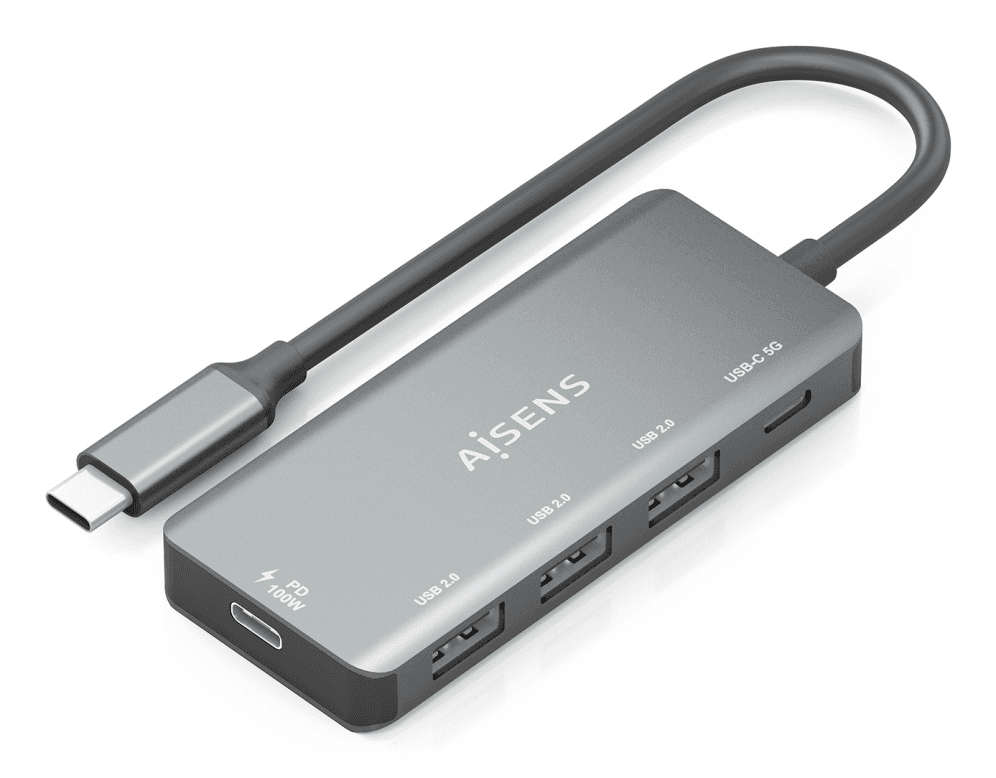 Hub Aisens USB 3.1 USB-C 1xPD 100W 1xUSB-C 3.0 3xUSB-A 2.0 Gris — imagen 1