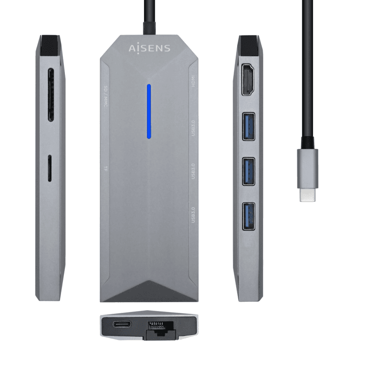 Hub Aisens USB-C Dock 8 en 1 con HDMI, RJ45, USB, PD, SD y MicroSD