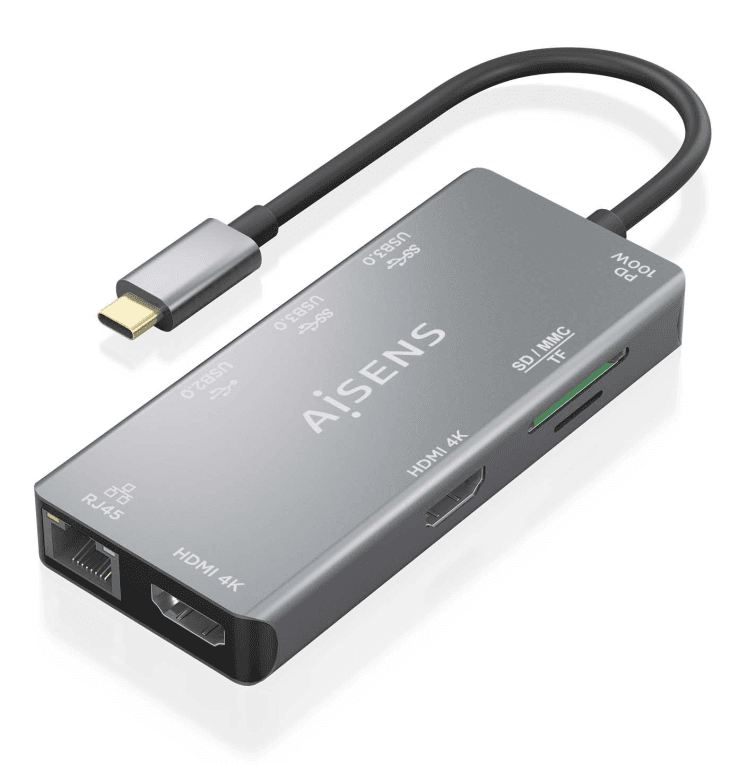 Hub Aisens USB-C Dock 9 en 1 2xHDMI RJ45 USB-A 3.0/2.0 PD — imagen 1