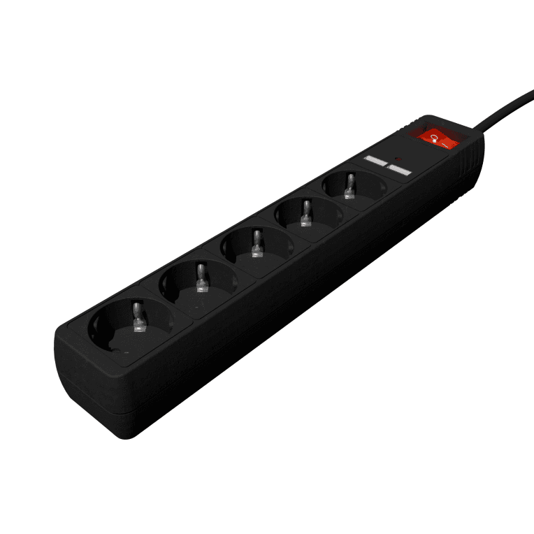 Regleta Con Cargador USB, 5 Enchufes, 1.5 M, USB 2A, Color Negro — imagen 1