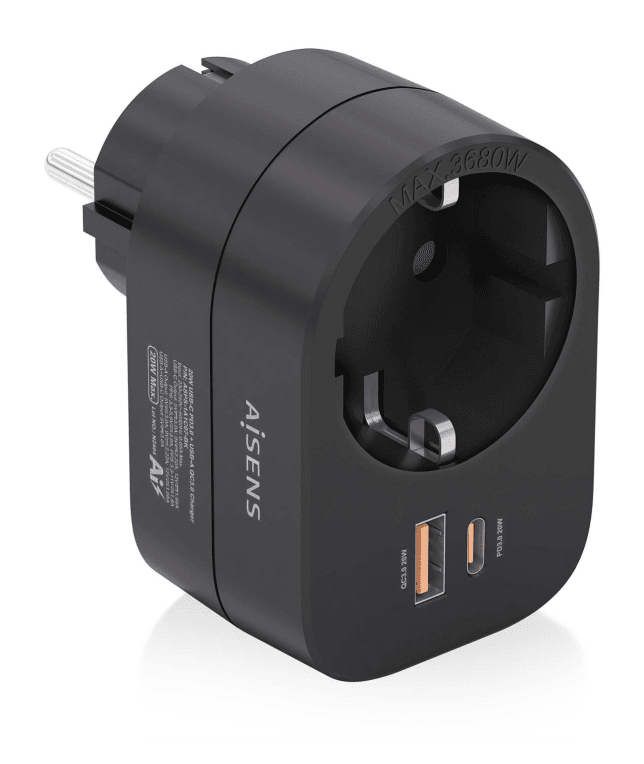 Regleta Pared Aisens 1 Toma USB-C 20W PD USB-A 20W QC Negro — imagen 1